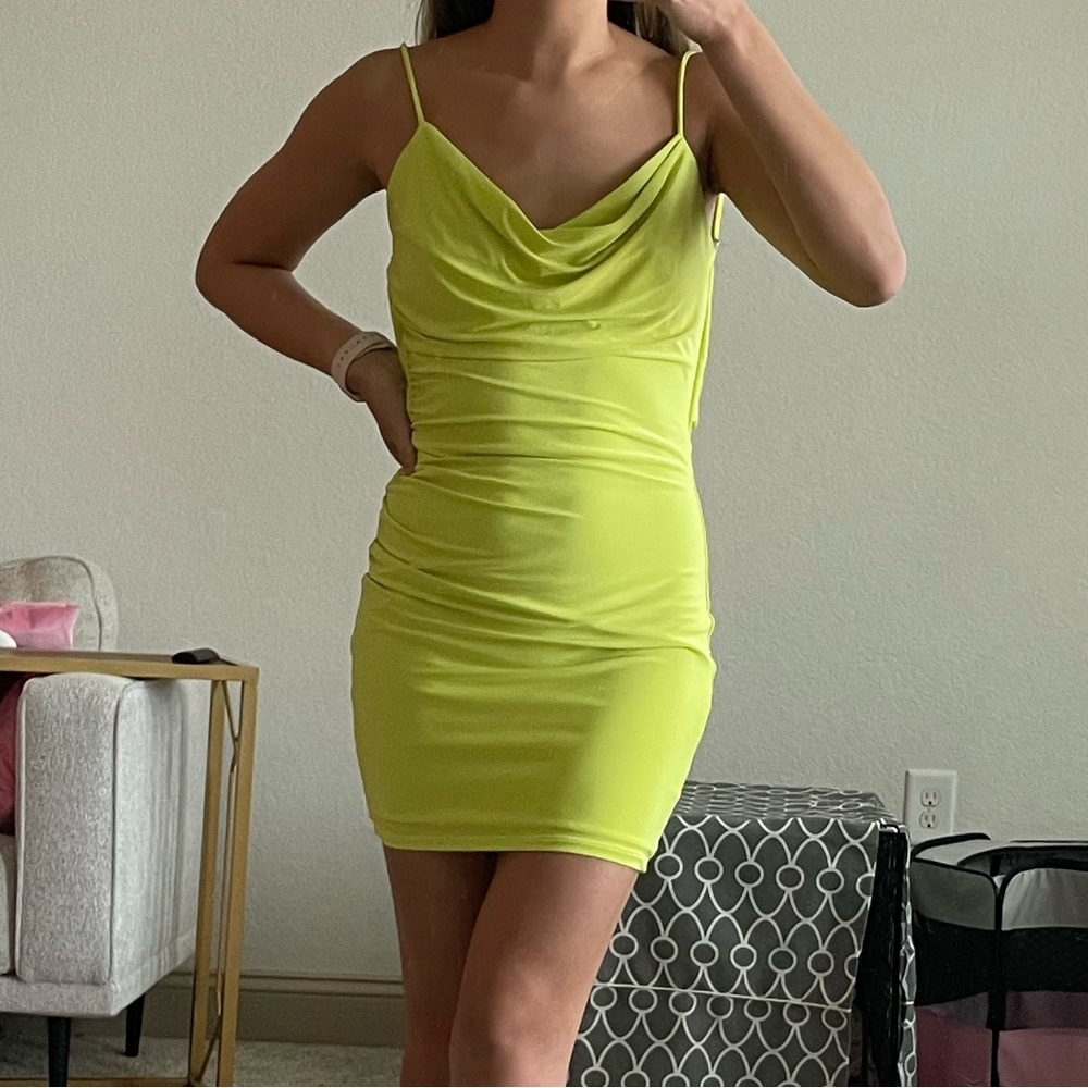 XS Fashion Nova neon yellow/lime fitted mini dress. NWT